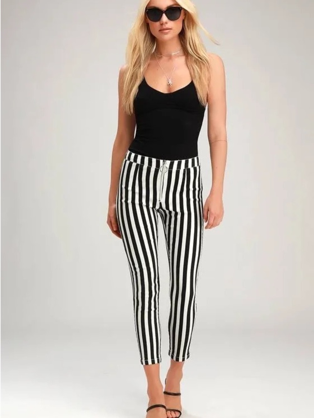Lulu's Black & White Vertical Stripe Cropped Skinny Pants